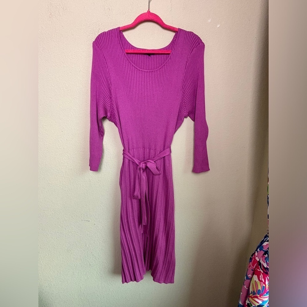 Lane Bryant Orchid Pink Ribbed Knit Belted Fit & Flare Sweater Midi Dress 18/20 - Picture 2 of 9